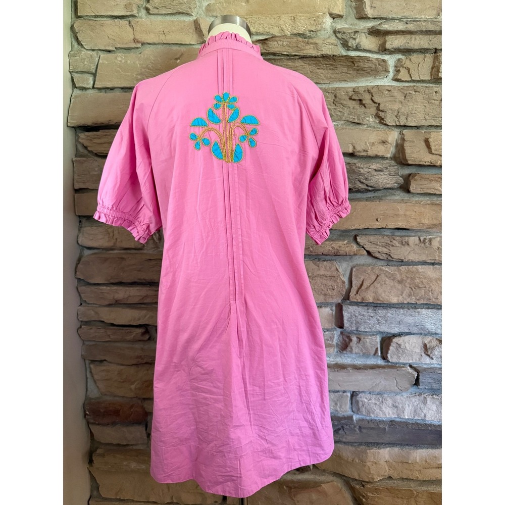 Uncle Frank Pink Embroidered Cotton Shift Dress Ruffle Neck Pintuck Small - Picture 6 of 10